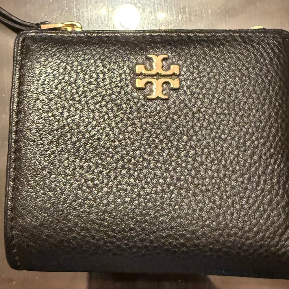 Tory Burch Black Pebbled Leather Wallet with Gold Logo